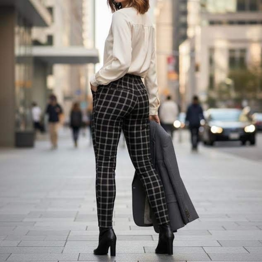 Nordstrom Rack Plaid Slim Leg‎ Pants Black White Tan Women's Size M